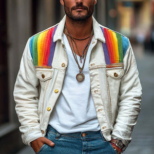 Weiße Jeansjacke aus Regenbogenstoff im Patchwork-Stil für Herren