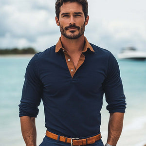 Camiseta básica cómoda con cuello polo y bloques de color para hombre