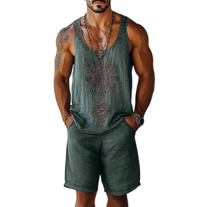 Herren Casual Leinen Blumenstickerei U-Ausschnitt Lockeres Tanktop Shorts Set