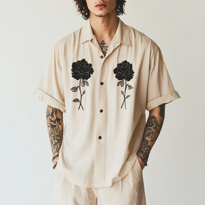 Men's Casual Cotton Linen Rose Embroidery Lapel Loose Short Sleeve Shirt