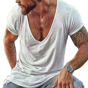 Camiseta informal de algodón mezclado con cuello en V y manga corta para hombre