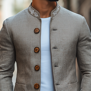 Chaqueta clásica retro informal de cuello alto bordada de algodón y lino fino para hombre