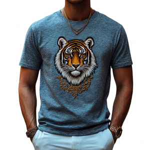 Camiseta informal de algodón con bordado de tigre para hombre, cuello redondo, manga corta y holgada