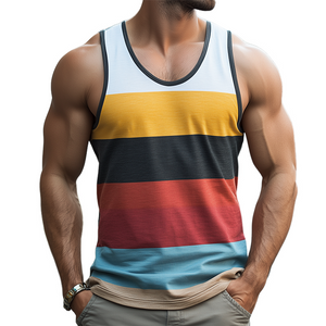Men's Summer Fashion Casual Contrast Color Horizontal Stripe Printed Cotton Tank Top
