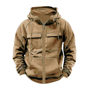 CROSS BORDER AUTUMN AND WINTER ZIPPER NEW MEN'S HOODED SOLID COLOR LOOSE YOUTH SPORTS MULTI POCKET LEATHER SWEATSHIRT OUTER SET