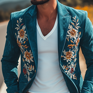 Klassischer Retro-Blazer für Herren im Western-Stil mit besticktem Wildleder und schmaler Passform