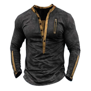 Camiseta táctica de manga larga con cuello Henley y cremallera para exteriores para hombre