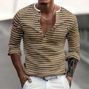 Camiseta informal de manga larga con cuello Henley a rayas para hombre