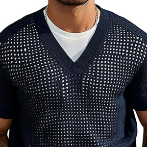 Camiseta de punto de color liso con cuello en V y manga corta para hombre