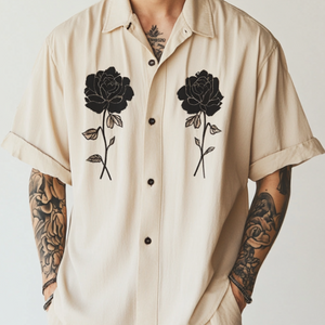 Men's Casual Cotton Linen Rose Embroidery Lapel Loose Short Sleeve Shirt
