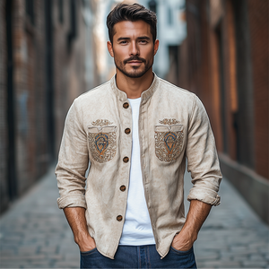 Camisa de manga larga de gamuza con bordado de bolsillo estilo retro occidental de moda de primavera para hombre