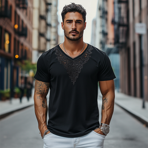 Camiseta informal de algodón con cuello en V y manga corta de encaje para hombre