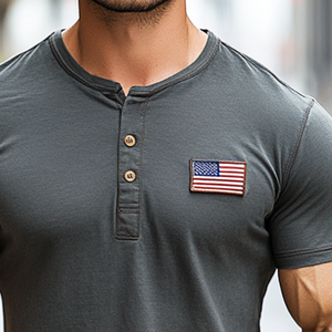 Herren-T-Shirt mit Vintage-Amerika-Flagge, lässig, Henley-Ausschnitt, kurzärmelig