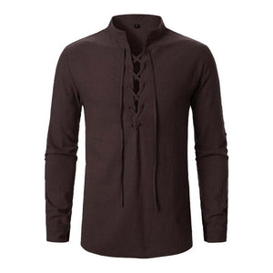 Camisa informal de manga larga con cordones de algodón y lino para hombre