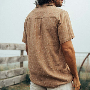 Camisa clásica informal de algodón y lino con cuello cubano para hombre, manga corta