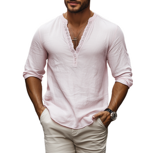 Camisa informal de algodón y lino con cuello en V y encaje para hombre, de primavera y verano, agradable para la piel