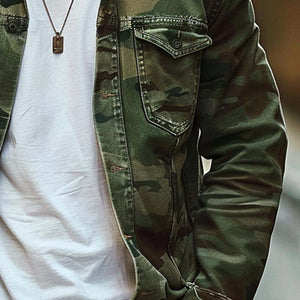 Chaqueta de solapa retro de lona de camuflaje para hombre