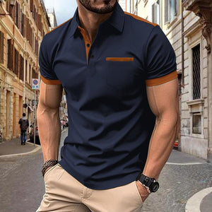Polo de manga corta con solapa y bolsillo en el pecho con bloques de color para hombre