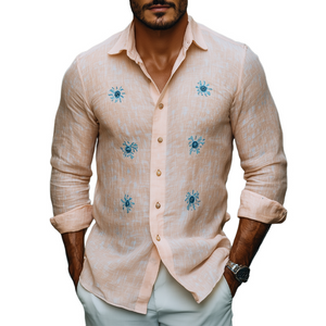 Camisa informal de manga larga con bordado de ramio para hombre, moda de primavera