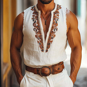 Men's Vintage Casual Perris Embroidered Collarless Sleeveless Shirt