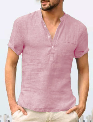 Camisa clásica de lino de manga corta con bolsillo en color liso para hombre