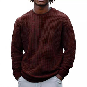 Sudadera de manga larga con cuello redondo y estampado de gofres de color liso para hombre
