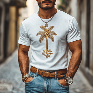Men's Casual Coconut Tree Embroidery Cotton Round Neck Slim Short Sleeve T-Shirt