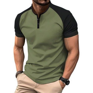 Camiseta informal de algodón con cuello Henley y manga corta, ajustada y raglán, para hombre, con contraste de colores