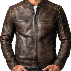 Herren Vintage Distressed Reißverschluss Lederjacke