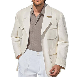 Men's Spring And Autumn Pure White Multi-Pocket Casual Loose Jacket