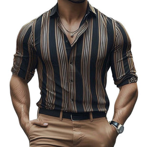 Men's Summer Retro Vertical Stripe Print Short Sleeve Shirt
