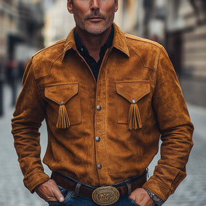 Herren Frühling und Herbst Retro Quaste Wildleder Langarmhemd