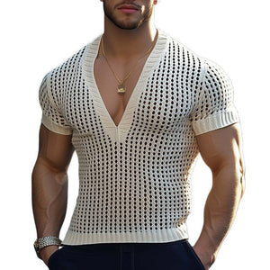 Camiseta de punto de corte entallado y hueco con cuello en V de verano para hombre