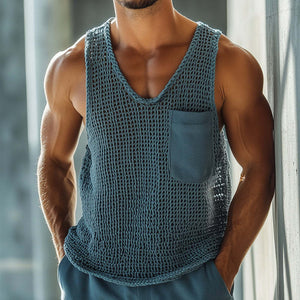 Men's Vintage Solid Knit Pocket Crew Neck Tank Top