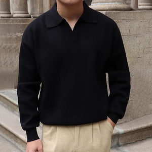 Polo de punto de manga larga con solapa de color liso para hombre