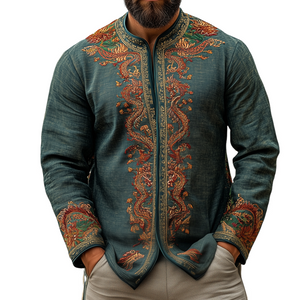 Men's Retro Casual Embroidered Collarless Long Sleeve Shirt Jacket