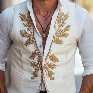 Men's Vintage Gold Embroidered Cotton And Linen Vest