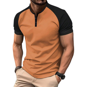 Camiseta informal de algodón con cuello Henley y manga corta, ajustada y raglán, para hombre, con contraste de colores