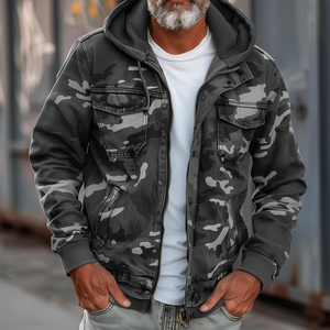 Chaqueta cargo con capucha y cremallera multibolsillos de camuflaje para hombre