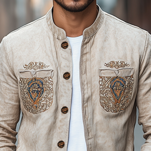 Camisa de manga larga de gamuza con bordado de bolsillo estilo retro occidental de moda de primavera para hombre