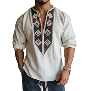 Camisa de manga larga con cuello redondo y estampado bohemio retro para hombre