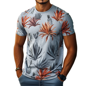 Camiseta de manga corta con cuello redondo informal con estampado retro de ave del paraíso tropical para hombre
