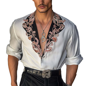 Men's Vintage Embroidered Contrast Long Sleeve Shirt