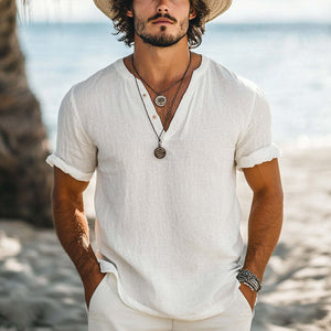 Camiseta informal sencilla de algodón con cuello en V y manga corta para hombre