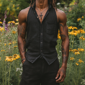 Men's Casual Cotton Linen Lapel Patch Pocket Slim Sleeveless Shirt