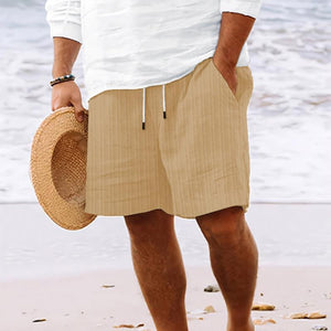 Pantalones cortos de playa a rayas de algodón y lino con cordón para hombre