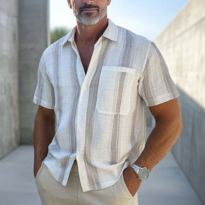 Camisa informal de manga corta de algodón y lino con rayas verticales para hombre