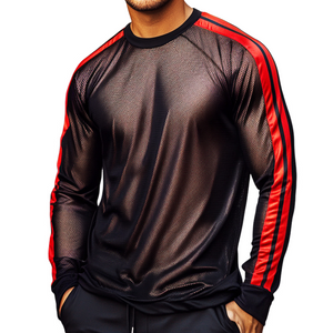 Camiseta deportiva e informal de manga larga con cuello redondo y rayas de malla y protector solar para hombre