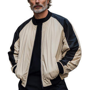 Chaqueta de béisbol retro con cremallera y bloques de color camello negro para hombre