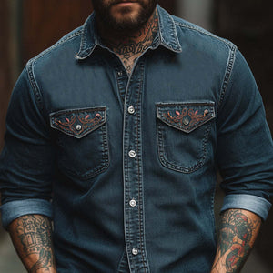 Camisa de manga larga de mezclilla lavada con bordado azul vintage para hombre